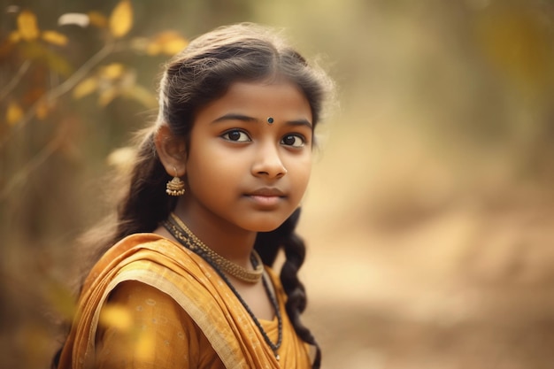 Een Tamil-meisje in een gele sari kijkt in de camera