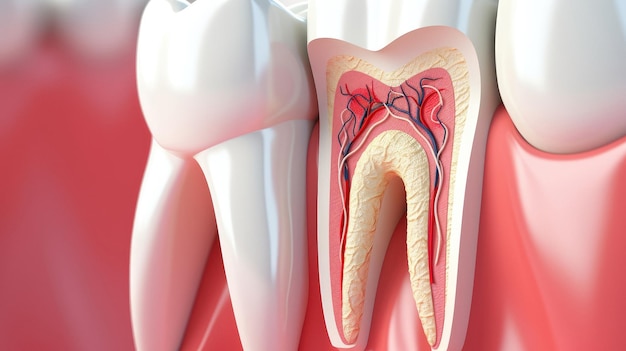 Foto een tand met een roze tand en een witte tand erin