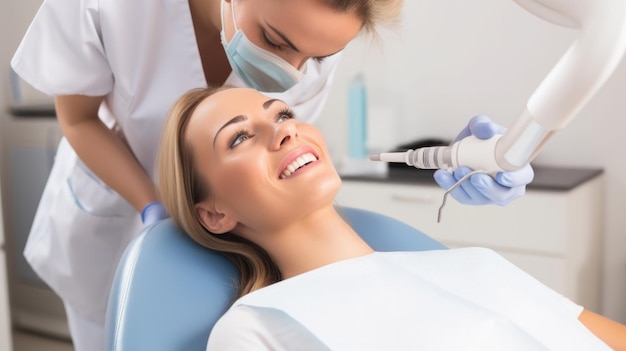 Een tandarts die een routinecontrole uitvoert op de hulpmiddelen van een ontspannen patiënt die klaar staat om de mondhygiëne te bevorderen