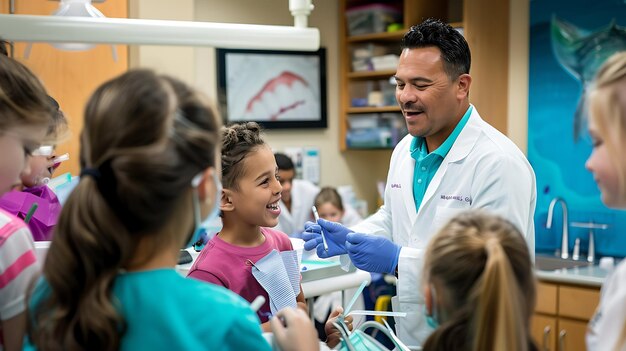 Een tandarts toont een jonge patiënt hoe ze haar tanden goed moet poetsen. De patiënt glimlacht en lijkt van de les te genieten.