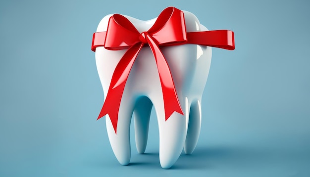 Een tandheelkundig concept met een model met witte tanden en een rood striklint op een blauwe achtergrond om tandheelkundige zorg te bevorderen