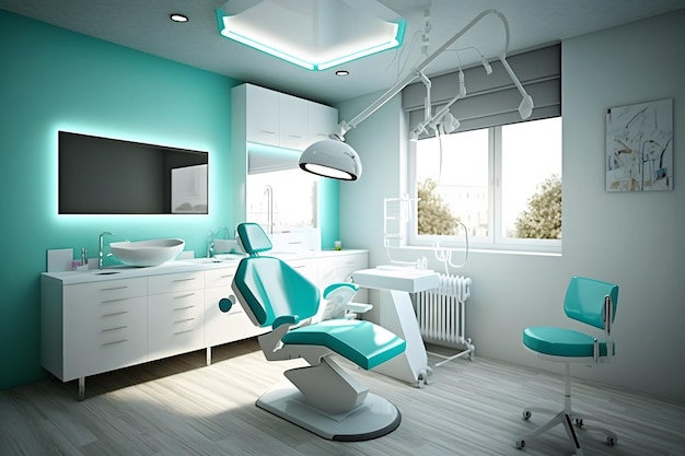 Een tandheelkundige kliniek met een stoel en een spiegel