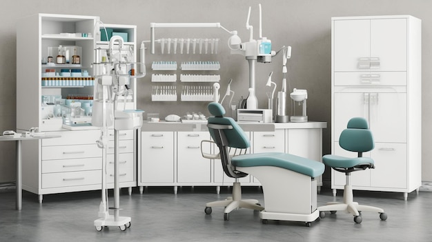 Een tandheelkundige kliniek met een tandartsstoel en tandheelkundige apparatuur.