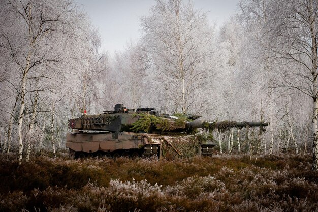 Foto een tank met een boom bovenop en een boomstam bovenop