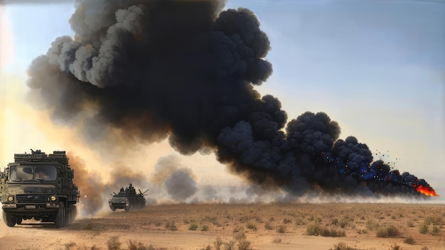 Een tank met zwarte rook die uit de lucht opstijgt