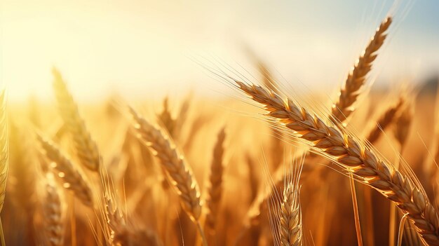 Een tarweveld Gouden tarweoren in close-up Prachtige landelijke omgeving met een heldere hemel