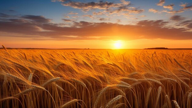 een tarweveld met de ondergaande zon op de achtergrond