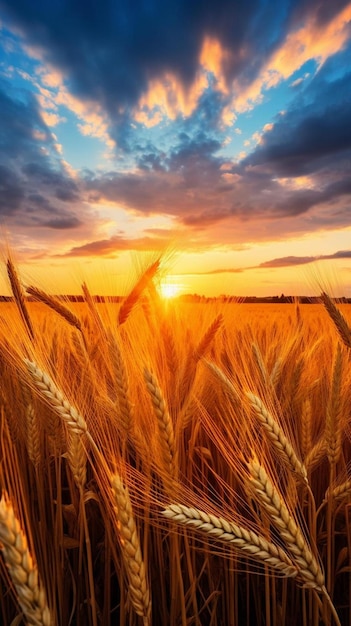 een tarweveld met de ondergaande zon op de achtergrond