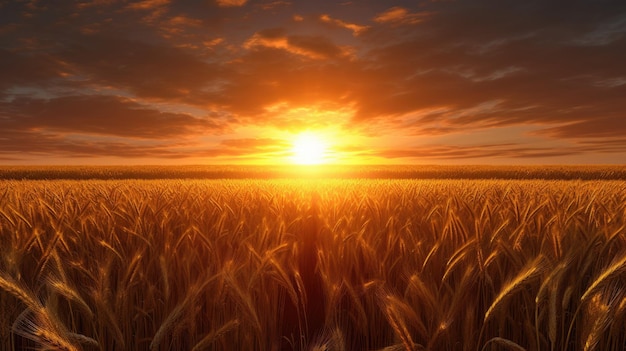 Een tarweveld waar de zon aan de horizon schijnt