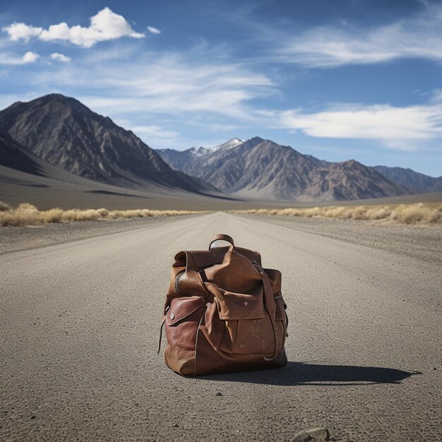 Een tas op een weg met bergen op de achtergrond