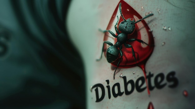 Een tatoeage van een druppel bloed geschreven DIABETES en een mieren