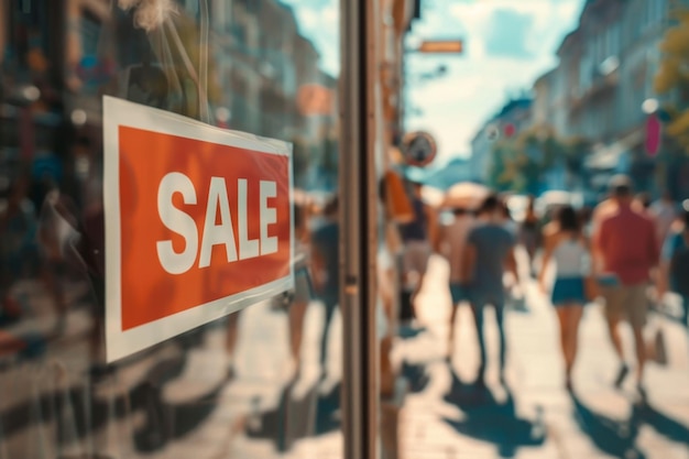 Foto een te koop teken in een winkelvenster en mensen op een zomerstraat op de achtergrond