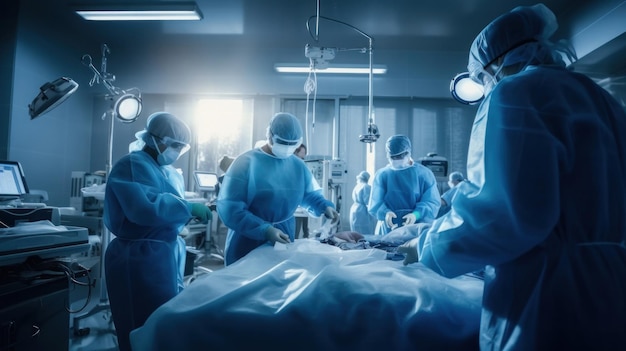 Een team artsen en verpleegsters in blauwe uniformen deed een operatie in de operatiekamer van het ziekenhuis.