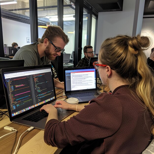 Een team dat een code refactoring sessie uitvoert om de code onderhoudbaarheid te verbeteren