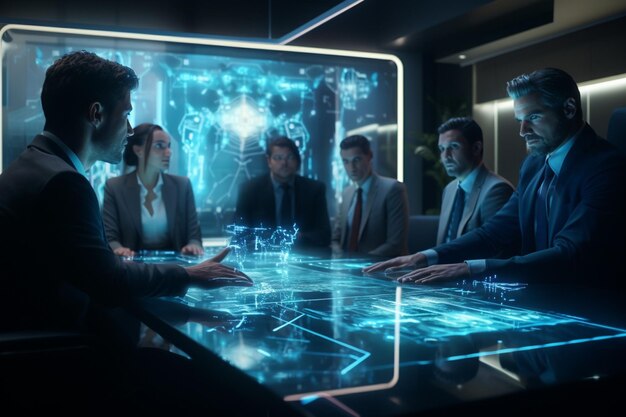 Een team in een vergaderzaal met een futuristische Generative AI