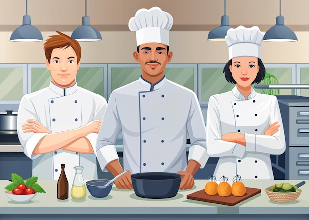 Een team leuke chefs in de keuken.