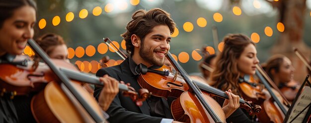 Een team muzikanten speelt op de achtergrond van het benefietfeest