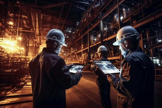 een team van arbeiders kijkt naar een tablet in een fabriek