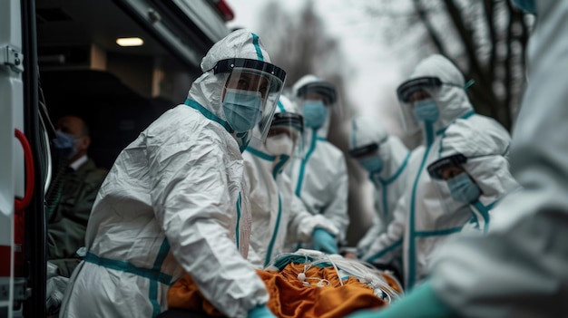 Een team van artsen bedekt met hoofddoekjes en beschermende uitrusting draagt een zieke patiënt op een brancard naar een ziekenhuis.