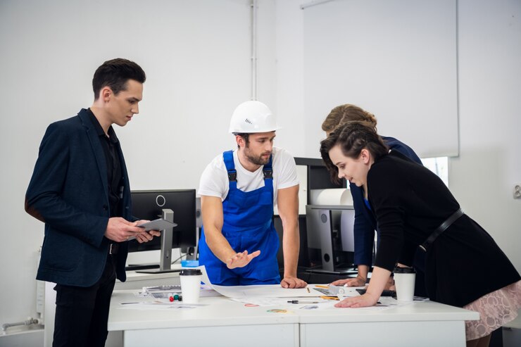 Een team van constructeurs ontwerpers ontmoeten een ingenieur op kantoor om het huidige project te bespreken