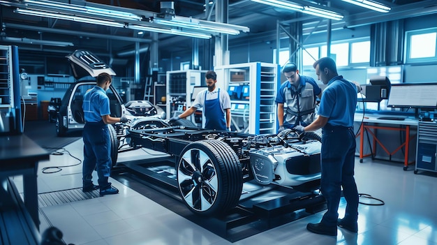 Een team van ingenieurs en monteurs werkt aan een prototype van een elektrische auto in een moderne automobielfabriek.
