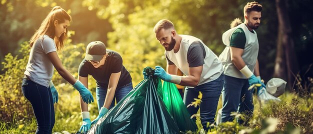 Een team van jonge en diverse vrijwilligerswerkers geniet van liefdadigheidswerk in de buitenlucht bij het opruimen van vuilnis en het scheiden van afval.