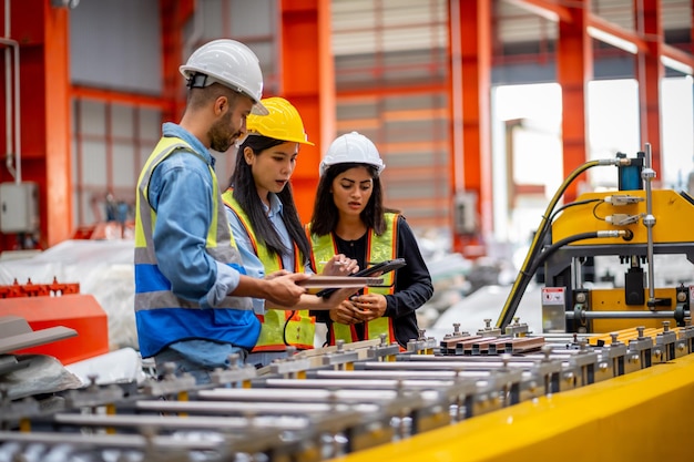 Een team van jonge ingenieurs en ingenieursvrouwen in een plaatfabriek.