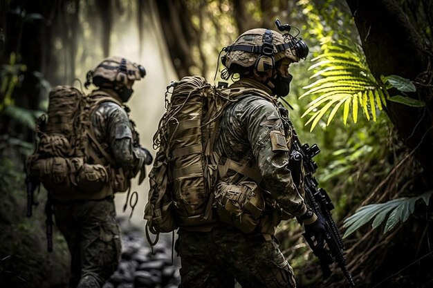 Een team van Special Forces-soldaten in volledige tactische uitrusting navigeert door een dichte jungle AI