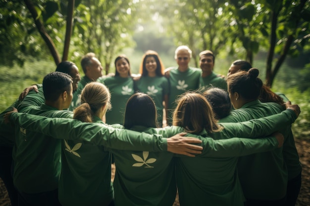 Foto een team van vrijwilligers en mensen in de natuur voor teamwerk en planning van dienstverlening aan de gemeenschap met leiderschapsdoelen en -strategie senior leider of leidinggevende in een bospark of groenproject