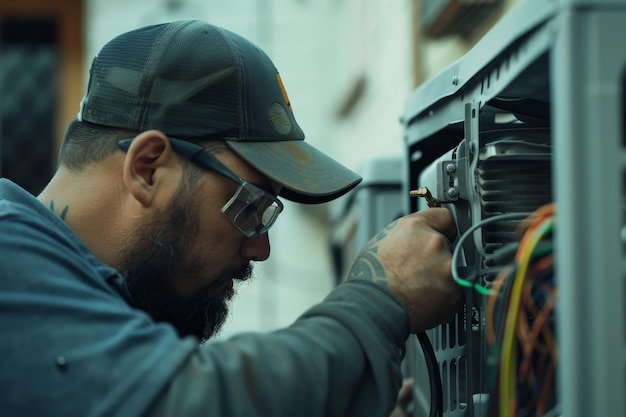 Een technicus die een defecte airconditioning unit repareert en reparatievaardigheden illustreert