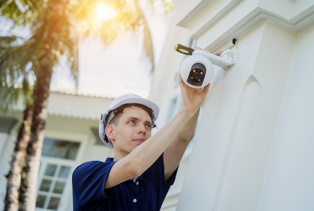 Een technicus installeert een CCTV-camera op de gevel van een woongebouw