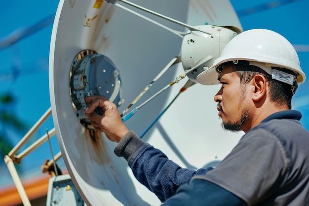 Een technicus voor de reparatie van een satellietschotel die een satellietschotel repareert en zijn expertise in het repareren van satelliitschotels toont