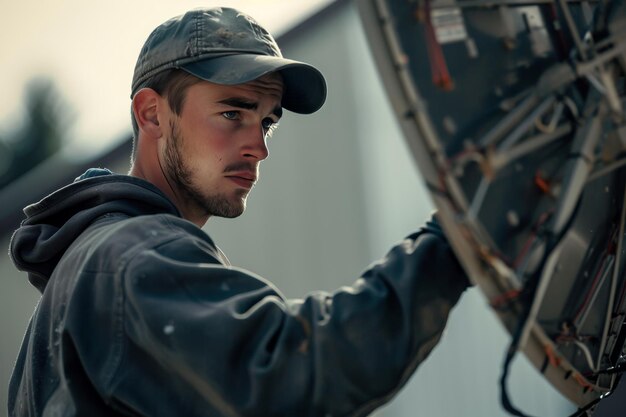 Een technicus voor de reparatie van een satellietschotel die een satellietschotel repareert en zijn expertise in het repareren van satelliitschotels toont