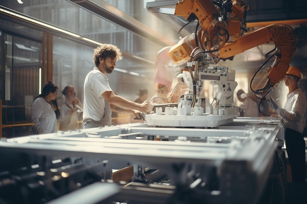 Een technologische fabriek met een robot en een werknemer die in een moderne fabriek werken