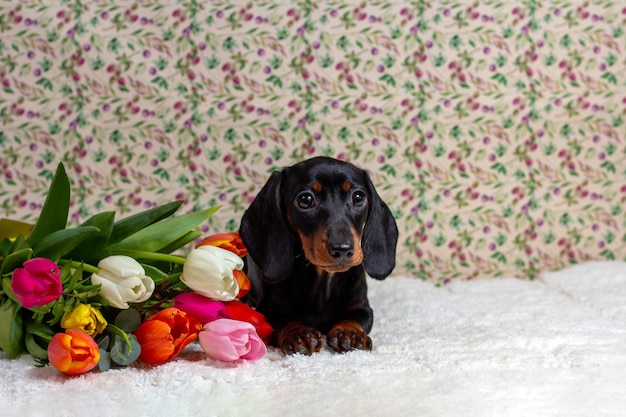 Foto een teckel zit naast een boeket tulpen.