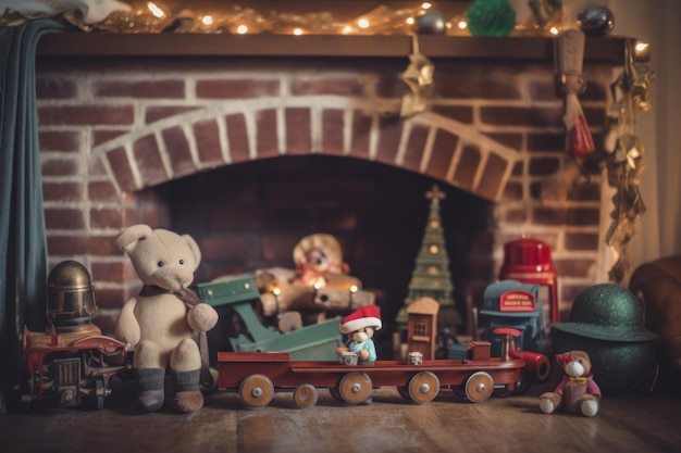 Een teddybeer die bovenop een generatief ai-beeld van een houten trein zit