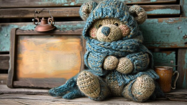 Foto een teddybeer die een blauwe sjaal draagt en naast een oud beeldframe zit