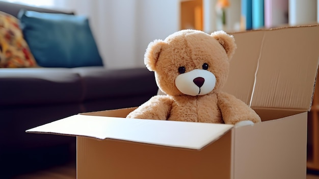 Een teddybeer die in een kartonnen doos zit Generatieve AI