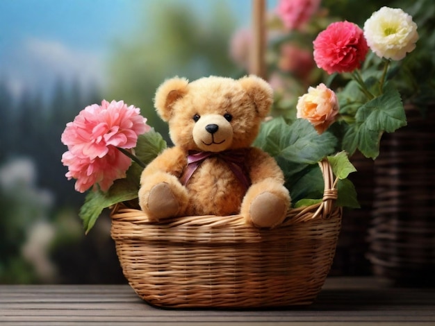 een teddybeer die in een mandje zit met een bloem