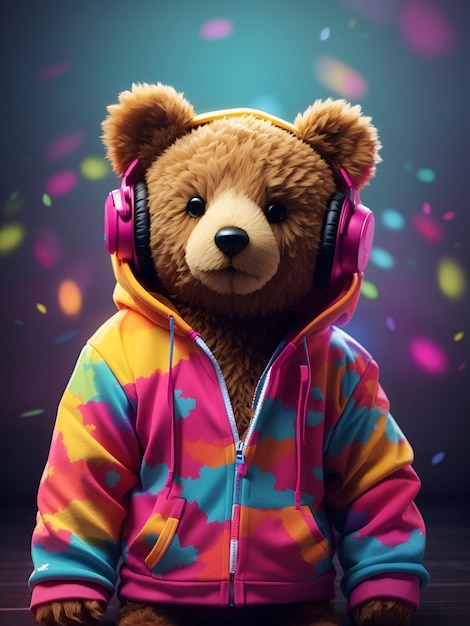 Een teddybeer in een kleurrijke hoodie met een paar koptelefoon die met zijn hoofd naar de beat schommelt