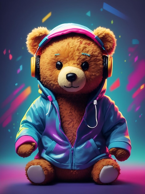Een teddybeer in een kleurrijke hoodie met een paar koptelefoon die met zijn hoofd naar de beat schommelt