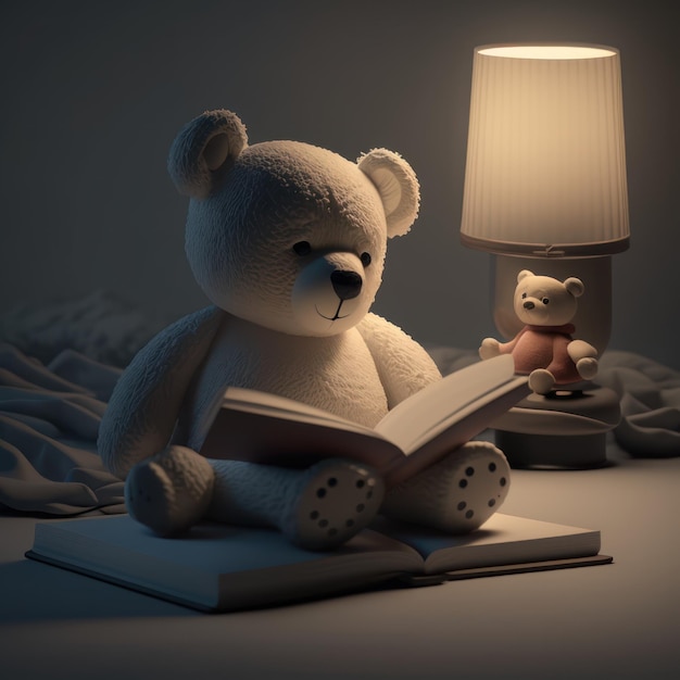 Een teddybeer leest een boek naast een lamp.