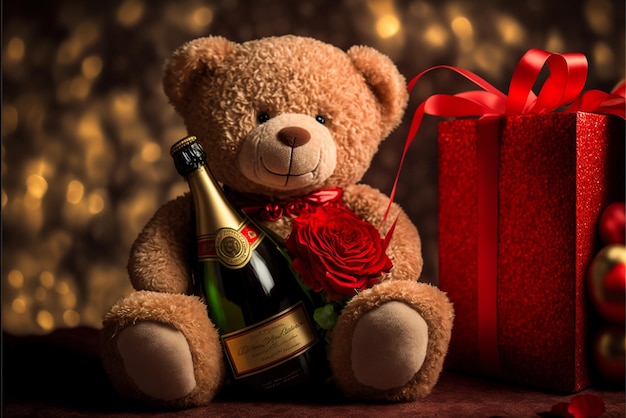 Een teddybeer met een fles champagne en een rood cadeauzakje