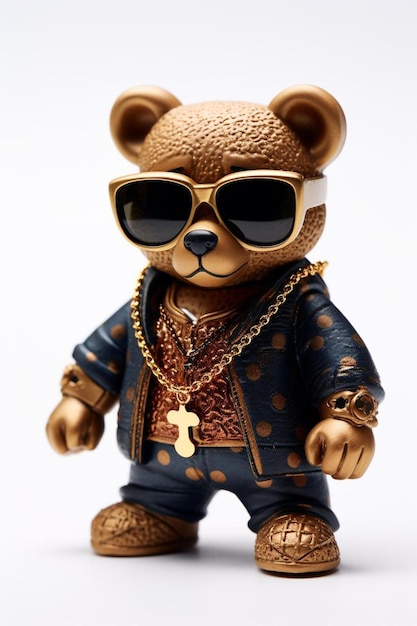 Foto een teddybeer met een gouden ketting en een zonnebril.