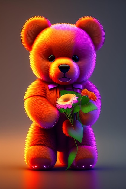 Een teddybeer met een regenboog en een bloem op zijn kop