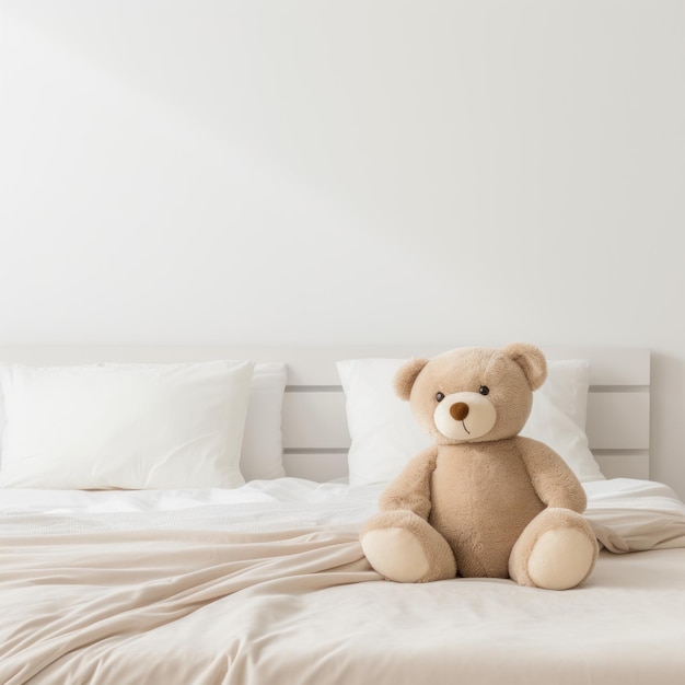 Een teddybeer zit op een bed met kussens en kussens.