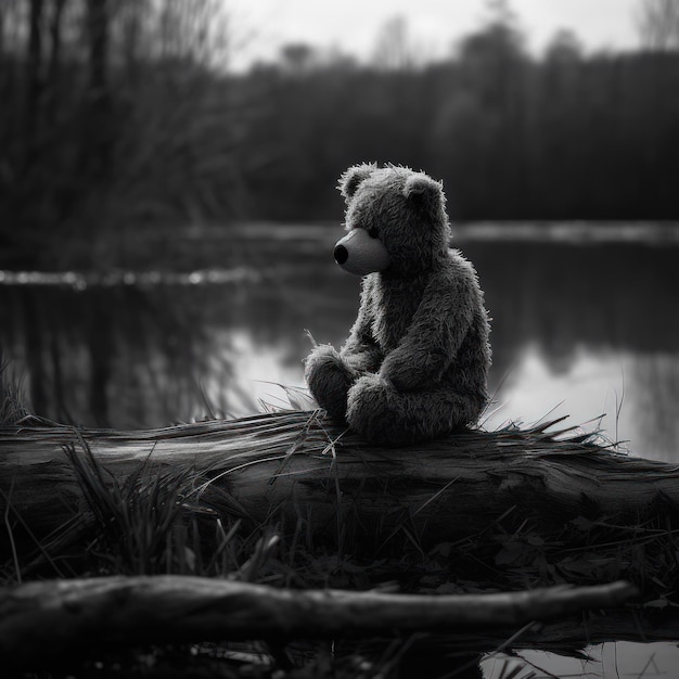 Foto een teddybeer zit op een boomstam in een meer met een meer op de achtergrond.