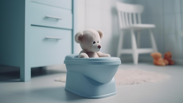 Een teddybeer zit op een toilet in een badkamer.