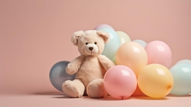 Een teddybeer zit tussen ballonnen op een roze achtergrond.