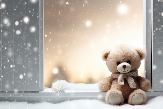 Een teddybeer zittend op een vensterbank in de sneeuw Digitaal beeld